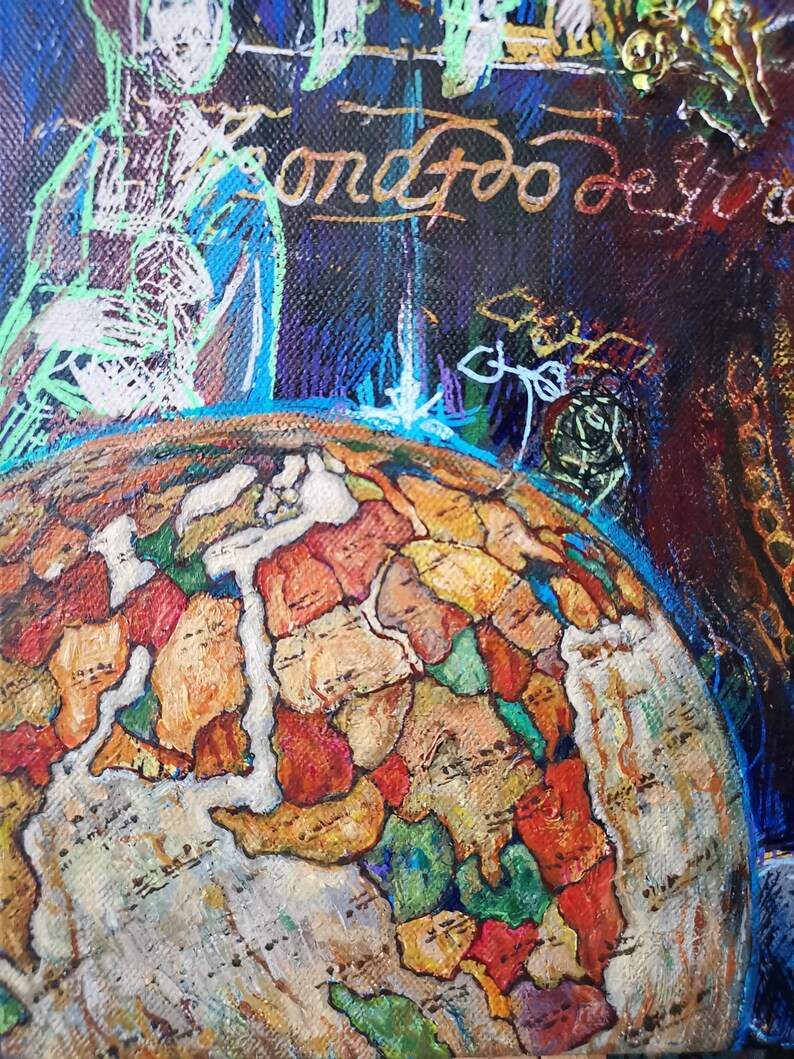 May include: An abstract painting featuring a colorful, textured globe with continents in shades of red, orange, green, and yellow. The background is dark blue with white and gold script and figures. The artwork has a vintage, artistic style.