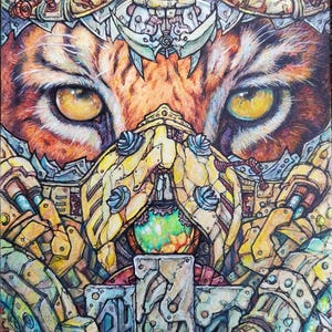 Cyber Tiger Steampunk Art Print，Sci-Fi Mechanical Tiger Illustration，Cyberpunk Animal Wall Decor