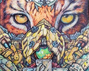 Cyber Tiger Steampunk Art Print，Sci-Fi Mechanical Tiger Illustration，Cyberpunk Animal Wall Decor
