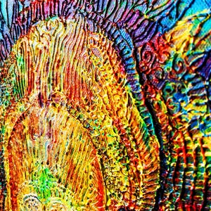 May include: Abstract art piece with a vibrant display of colors. The artwork features a textured surface with a mix of warm and cool tones, including yellow, red, blue, and green. The design has a layered appearance with intricate patterns.
