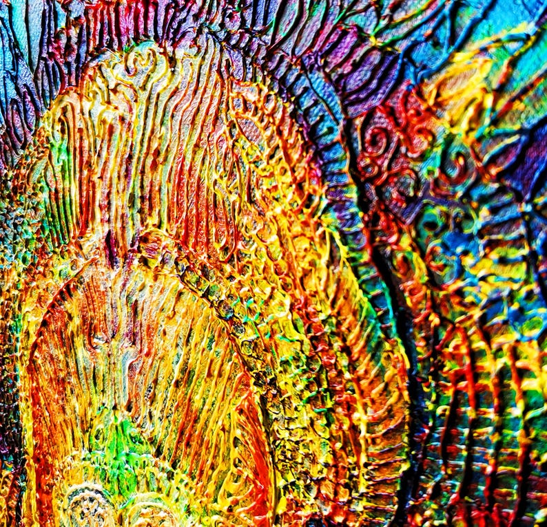 May include: Abstract art piece with a vibrant display of colors. The artwork features a textured surface with a mix of warm and cool tones, including yellow, red, blue, and green. The design has a layered appearance with intricate patterns.