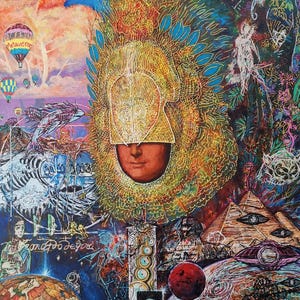 May include: A vibrant, surreal painting on canvas, featuring a central figure with a golden headdress and a face. The artwork incorporates a rainbow, hot air balloons, and a variety of other symbolic elements, including a pyramid and a red planet.