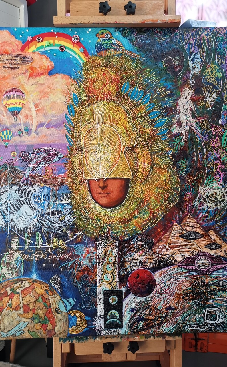 May include: A vibrant, surreal painting on canvas, featuring a central figure with a golden headdress and a face. The artwork incorporates a rainbow, hot air balloons, and a variety of other symbolic elements, including a pyramid and a red planet.