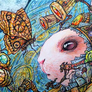 Moon Rabbit Steampunk Art Print | Mechanical Rabbit Illustration with Butterfly | Fantasy Animal Wall Decor