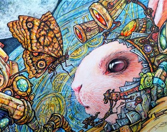 Moon Rabbit Steampunk Art Print | Mechanical Rabbit Illustration with Butterfly | Fantasy Animal Wall Decor
