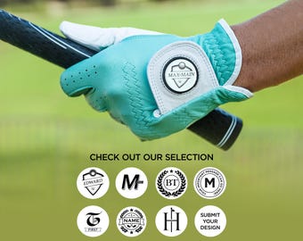 Teal Cabretta Leather Golf Glove with Engraved Ball Marker, Men Women Accessory