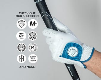 White Leather Golf Glove with Custom Ball Marker, Blue Trim