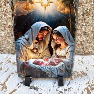 Handmade Nativity Slate Plaque – Mary, Joseph & Baby Jesus -Medium Size