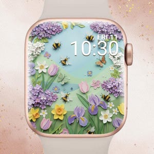 May include: A smartwatch with a floral design on the screen, featuring purple, yellow, and white flowers, bees, and butterflies. The watch face displays the time as 10:30 and the date as FRI 11. The watch has a white band and a rose gold case.