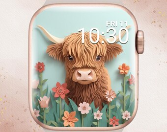 3D Floral Highland Cow Apple Watch Wallpaper, Wild Flower Highland Cow Apple Watch, Highland Cow Apple Watch Face, Adorable 3D Highland Cow