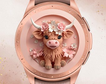 3D Highland Cow Samsung Galaxy Watch Wallpaper, Cute Highland Cow Galaxy Watch, Spring Samsung Galaxy Watch Face, 3D Spring Samsung Watch