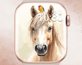 Watercolor Horse Apple Watch Wallpaper, Watercolor Spring Apple Watch Face, Cute Horse and Bird Apple Watch Wallpaper, Pony Apple Watch Face
