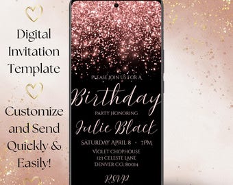 Sparkly Mobile Birthday Party Invitation Template, Digital Invitation Template, Pink Sparkly Birthday Invitation, Phone Invitation Template