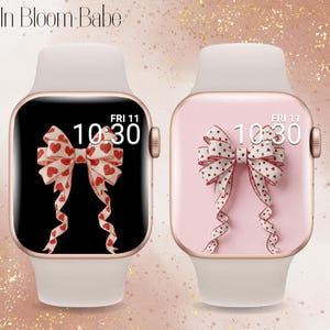 Set med 2 Coquette Bow Apple Watch-bakgrundsbilder, Coquette Apple Watch-urtavla, Hjärtformad rosett Apple Watch, Rosett Apple Watch-bakgrund, 3D-rosett, Flickrosett