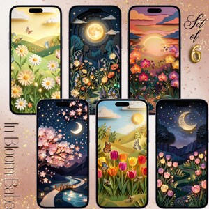 Op de afbeelding: Een set van zes telefoonhoesjes met ontwerpen met een natuurthema. Elke hoes toont een ander landschap, waaronder velden met madeliefjes, een maanverlicht bos en een zonsondergang met orchideeën. De hoesjes hebben een verscheidenheid aan kleuren en bevatten vlinders en bloemen.