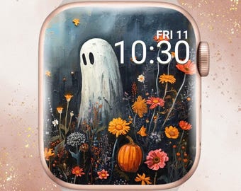 3D Floral Ghost Apple Watch Wallpaper, Fall Apple Watch Wallpaper, Fall Apple Watch Face, Autumn Apple Watch, Halloween Ghost Apple Watch