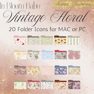 Puede incluir: Un gráfico de descarga digital con 20 iconos de carpetas florales vintage para MAC o PC. Las carpetas muestran varios patrones florales en tonos de rosa, azul, amarillo y verde. El texto en la parte superior dice "In Bloom Babe" y "Vintage Floral".