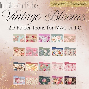 May include: Twenty folder icons for MAC or PC, each with a different vintage floral design. The icons feature patterns in pink, blue, and cream. The text reads "In Bloom Babe" and "Vintage Blooms".