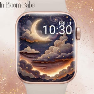 May include: A smartwatch with a celestial-themed display. The screen shows a crescent moon, stars, and clouds against a dark blue and orange background. The time is 10:30, and the day is Friday. The watch has a rose gold case and a white band. The text "In Bloom Babe" is at the top.