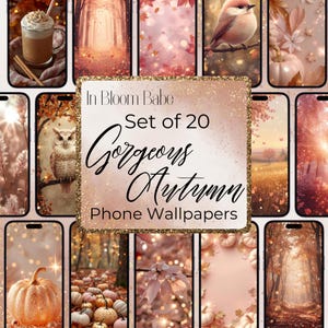 May include: A set of 20 phone wallpapers with an autumnal theme. The images display fall scenes with pumpkins, leaves, and forest landscapes in warm colours. The text reads "In Bloom Babe, Set of 20 Gorgeous Autumn Phone Wallpapers."