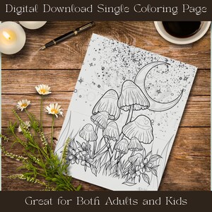 Moon Lit Mushrooms Coloring Page Single | Gothic Printable Art | Digital Download