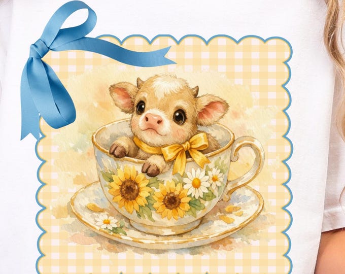 Highland Cow Teacup PNG, Coquette Cow Sublimation Design, Grannycore Cottagecore T-Shirt Graphic, Cute Farm Animal Floral PNG