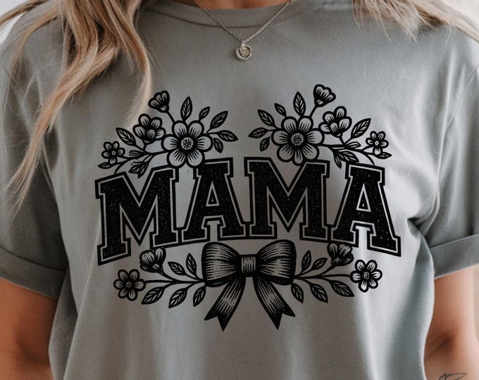 Linocut Floral Bow -Mama PNG, Vintage Mom Shirt Design, Hand Drawn Block Print Sublimation