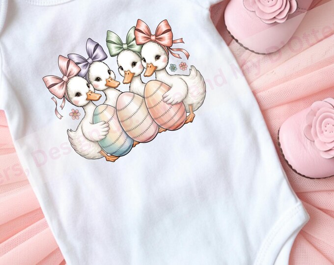 Adorable Pastel Coquette Easter Geese with Oversized Bows | Trendy PNG T-Shirt Design | Seamless Digital Download.