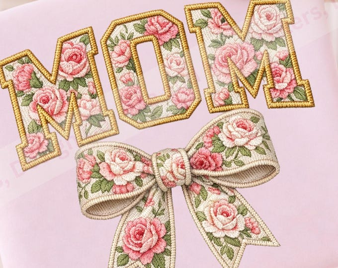Coquette Mom PNG, Floral MOM Shirt Design, Faux Vintage Needlepoint Rose Bow, Feminine Sublimation, Mother’s Day PNG, Instant Download