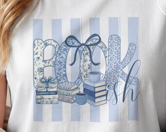 Blue Chinoiserie "Bookish" BUNDLE. T-Shirt Design PNG, Coquette bookclub PNG - Instant Download - Bonus Matching Tumbler Wrap