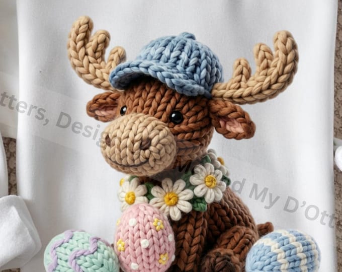 Easter Moose and Coquette Knit Bow - Cottage Core, Faux Yarn | Chunky Knit PNG Sublimation | Matching Mom and Me Shirts BONUS FILES