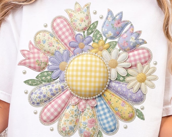 Cottagecore-Daisy, Pearls and Tulips PNG, Daisy Faux Applique T-Shirt Design - Flower For Spring, Outlined in Faux Pearls. Retro 90s Vibe