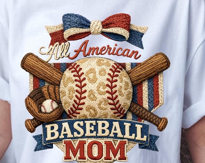 All American Baseball Mom T-Shirt Design | Faux needlepoint and Embroidery Design, Mother's Day Gift | PNG Sublimation (Instant Download)