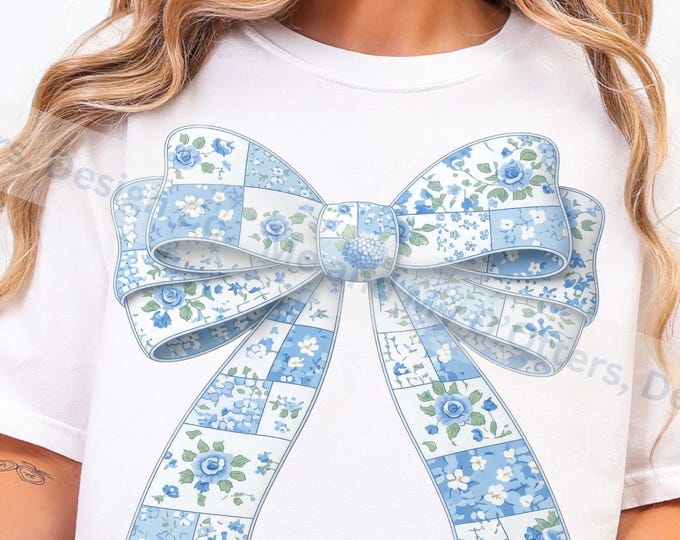 Vintage Blue, Patchwork Coquette Bow - Cottagecore - Grandma Core and Granny Core All In One. PNG Design for T-Shirt (Instant Download)