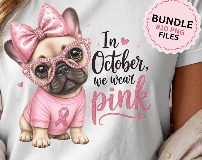 Breast Cancer Awareness Dog PNG Bundle, October Pink Ribbon Sublimation (10 Files) Dog Mom Bundle