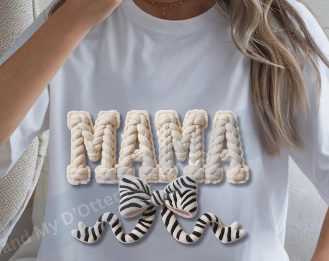 MAMA Chunky Faux Knit PNG | Mama with  Zebra Bow | Cottagecore Coquette Sublimation Design | Trendy Mama Shirt PNG