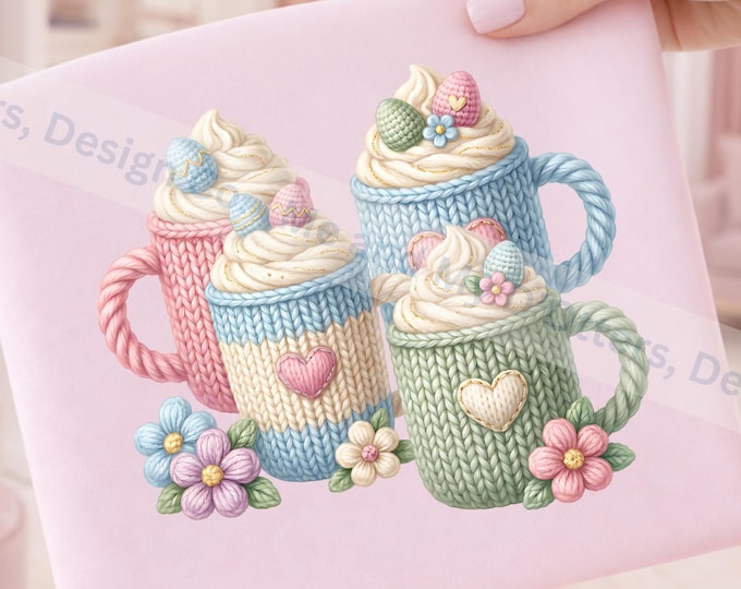 Faux Yarn Chunky Knit Easter Cocoa PNG | Fun Cottagecore Crochet PNG Sublimation for T-Shirts | Transparent Design