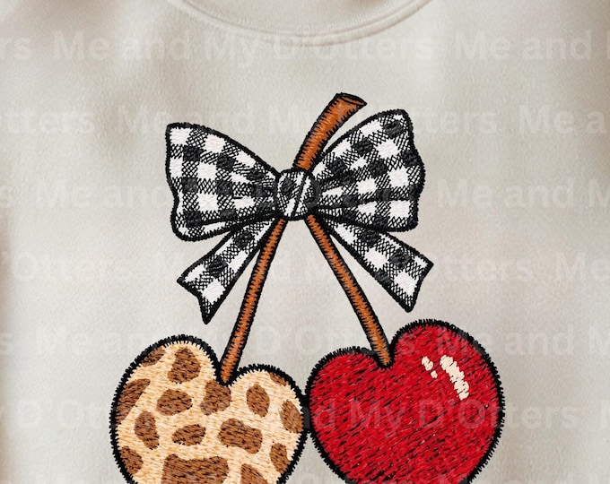 Faux Embroidered Cherries PNG – Leopard & Checkered Bow | Sublimation (Digital Download)
