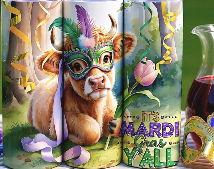 Mardi Gras Highland Cow 20oz Seamless Skinny Tumbler Wrap | Sublimation Design | PNG Digital Download