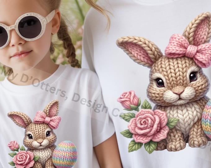 Adorable Coquette Easter Bunny - Faux Yarn Chunky Knit PNG | Cottagecore Crochet Bunny - PNG Sublimation| Matching Mom and Me | BONUS Files