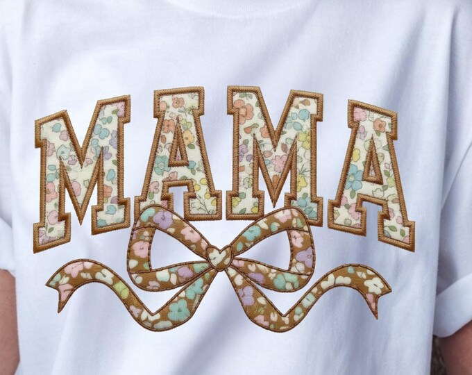 Boho MAMA Coquette Bow PNG Sublimation | Vintage Floral Mama Shirt Design | Faux Embroidery Varsity Mom Graphic | 2 Free Bonus Bow PNGs