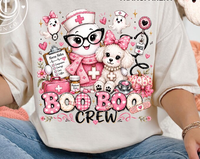 Halloween Pink Ghost Nurse PNG, Funny Nurse Gifts, Boo Boo Crew Sublimation Bundle - School Nurse Design, Pediatric Nurse, NICU PNG
