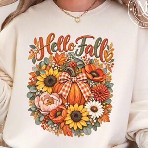 Hello Fall PNG, Cheerful Autumn Pumpkin Sublimation Design, Fall Floral Clipart, Cozy Fall Gift, Digital Download