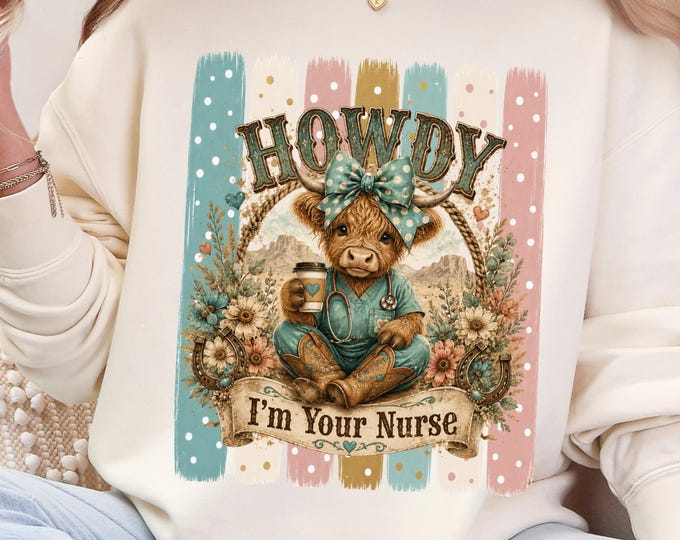 Western Cow Girl | Country Western Nurse | Coquette Highland Cow PNG | Boutique Designs | Highland Cow Gifts | Western vibe