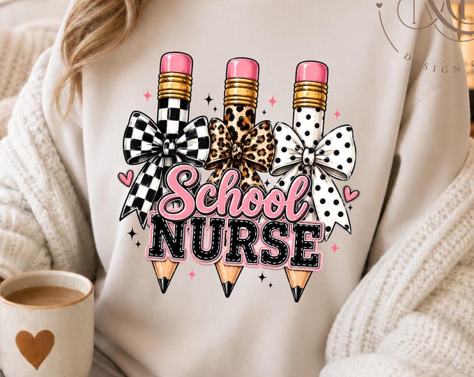 Retro Nurse Shirt | School Nurse PNG | Nurse Shirt PNG | Back to School PNG | Leopard Pencil Bow | Digital Download