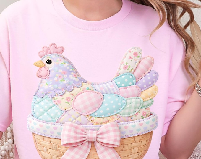 Trendy Pastel, Patchwork Chicken with Pink Coquette Bow | Floral Quilted Patchwork Hen | Cottagecore - Grandmacore PNG Design for T-Shirt