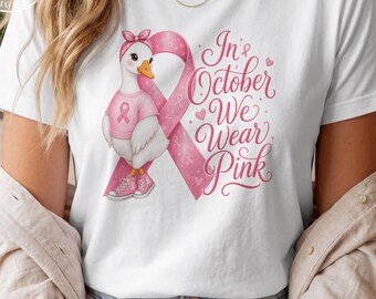 In October, We Wear Pink PNG Bundle, Breast Cancer Awareness, Pink Ribbon Goose PNG, Nurse PNG Bundle, Sublimation Design, Bonus Stickers