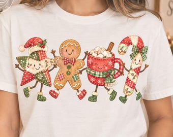 Christmas Doodle PNG, Trendy Dancing Christmas Friends, Cute Gingerbread Candycane Hot Cocoa Star, Doodle Xmas Sublimation Shirt PNG