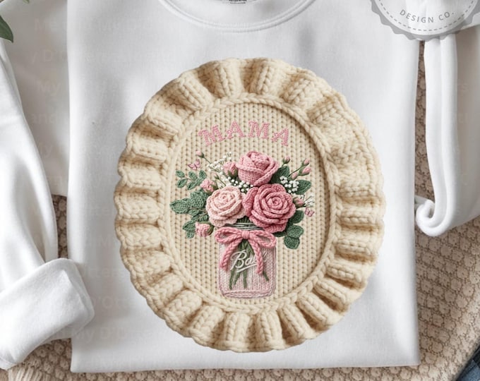Cottagecore, Grandmacore, Ruffled Coquette MAMA T-Shirt, Retro PNG Sublimation | Faux Yarn Mother's Day Design, Instant Download
