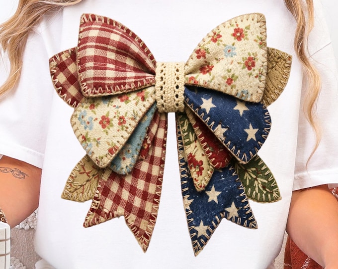 Vintage Style Americana - Patriotic Coquette Bow PNG, Faux Patchwork Design, (Instant Download) America 250th